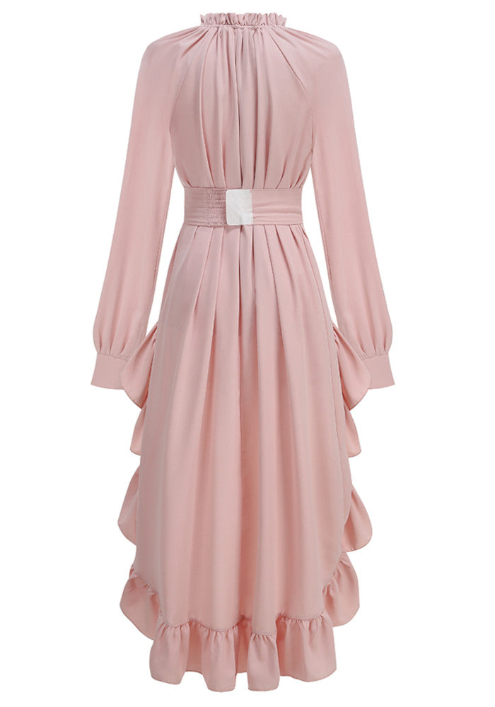 Long Sleeve High Low Ruffle Maxi Dress Pink HV3007