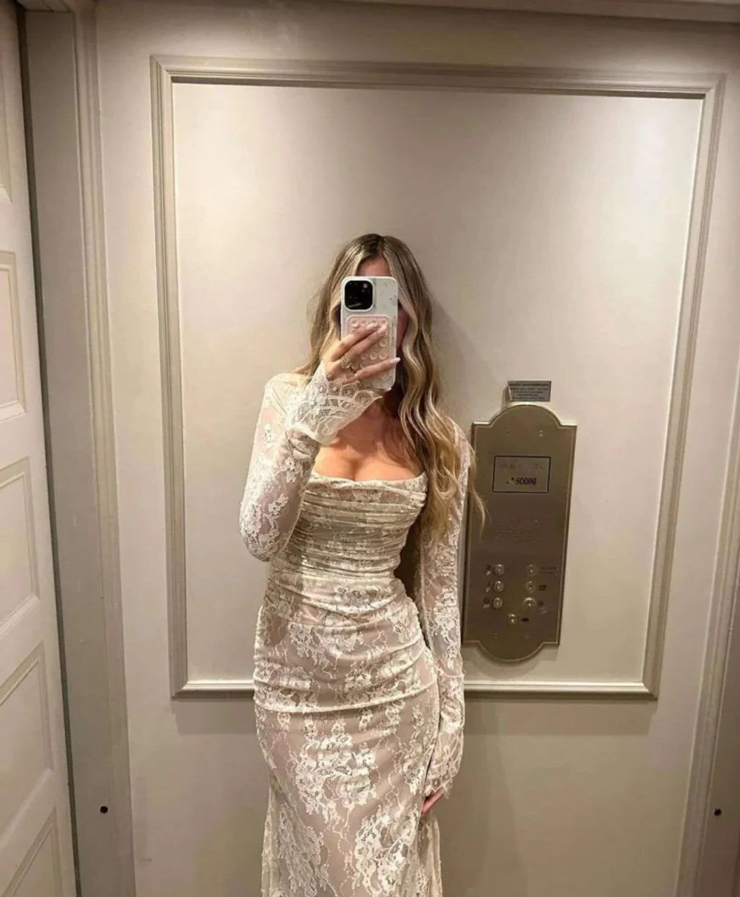 Long Sleeve Draped Lace Corset Maxi Dress White