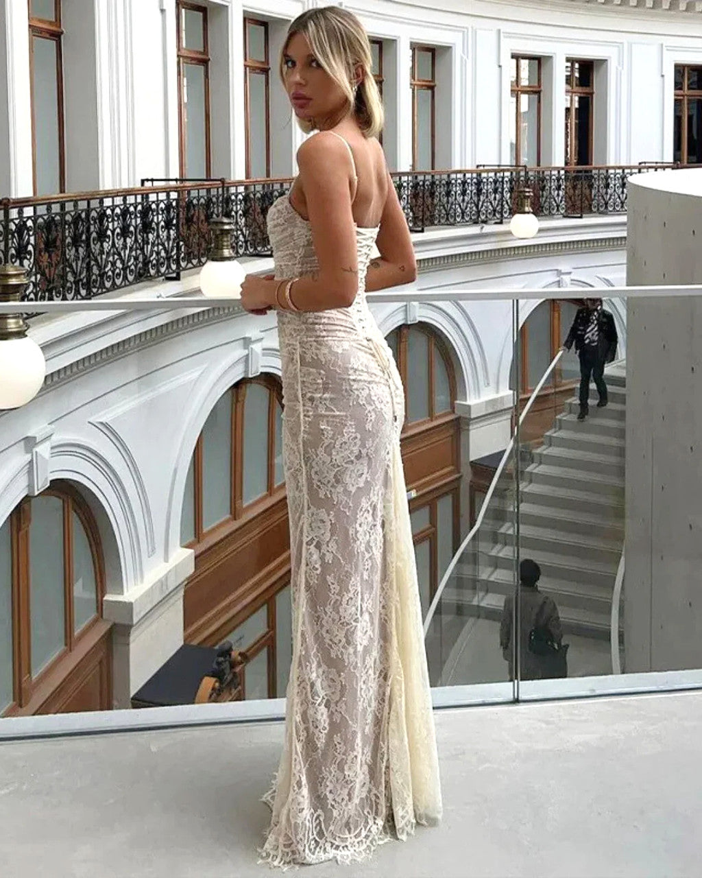 Long Sleeve Draped Lace Corset Maxi Dress White