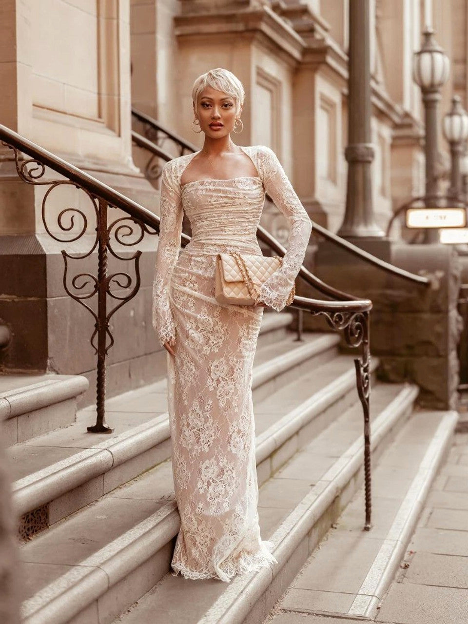 Long Sleeve Draped Lace Corset Maxi Dress White
