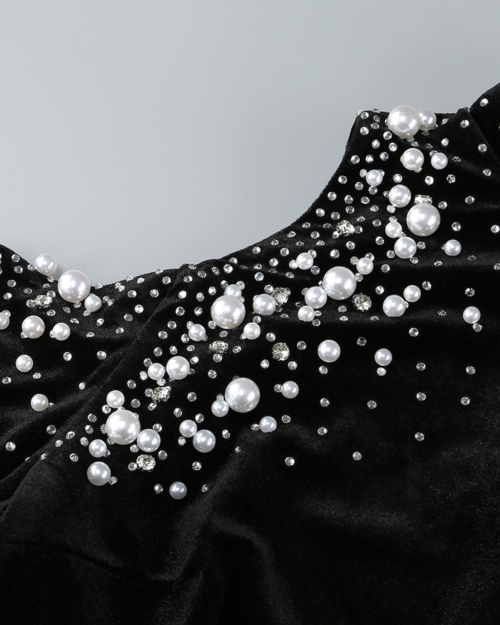 Long Sleeve Pearl Crystal Maxi Velvet Dress Black HV1928