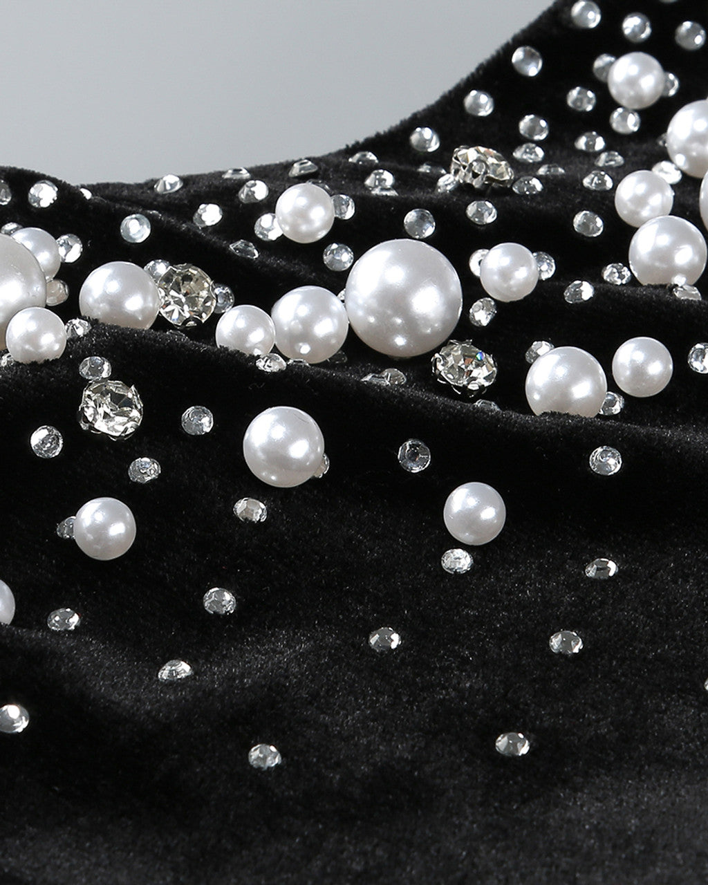 Long Sleeve Pearl Crystal Maxi Velvet Dress Black HV1928