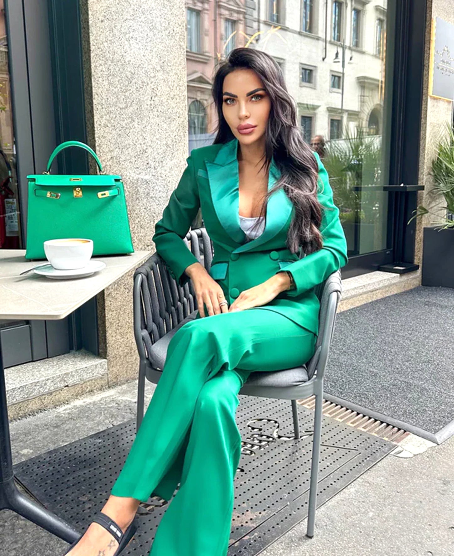 Long Sleeve Satin Detail Suit Green