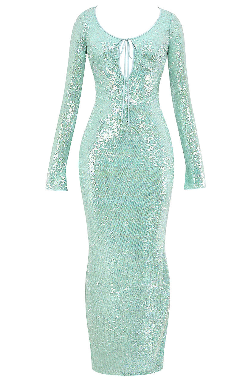 Long Sleeve Sequin Maxi Dress Green