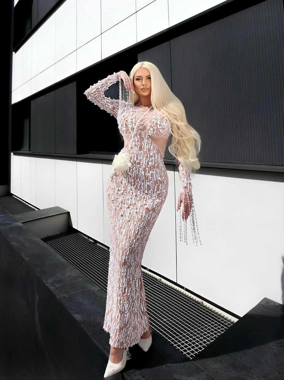 Long Sleeve Pearl Sequin Maxi Dress White Nude