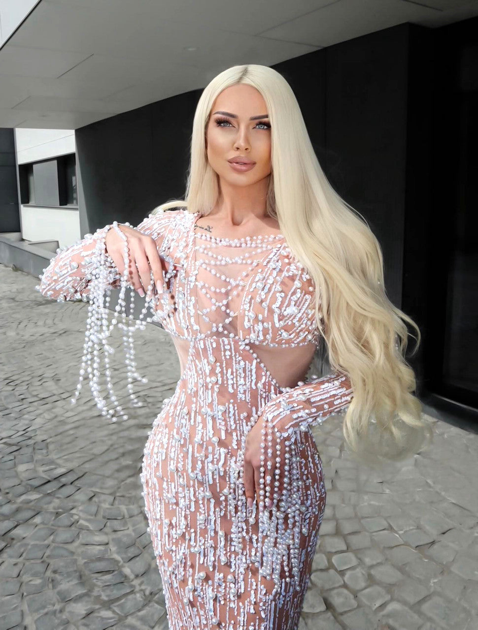 Long Sleeve Pearl Sequin Maxi Dress White Nude