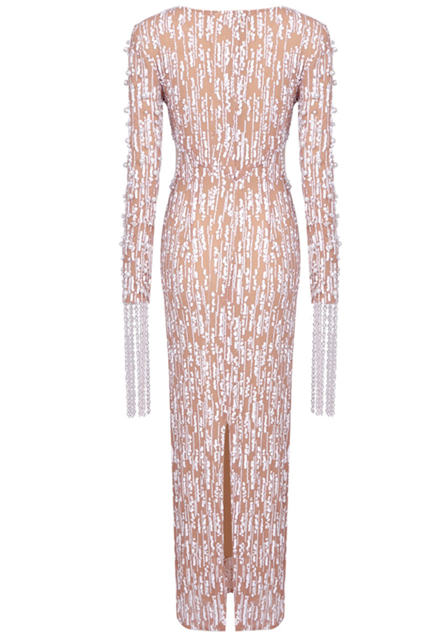 Long Sleeve Pearl Sequin Maxi Dress White Nude