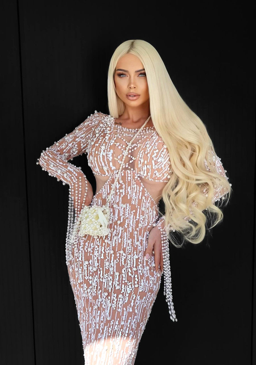 Long Sleeve Pearl Sequin Maxi Dress White Nude