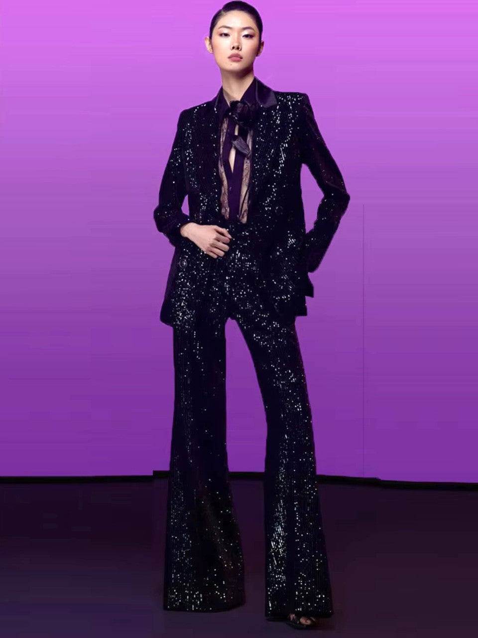 Long Sleeve Sequined Suit Black