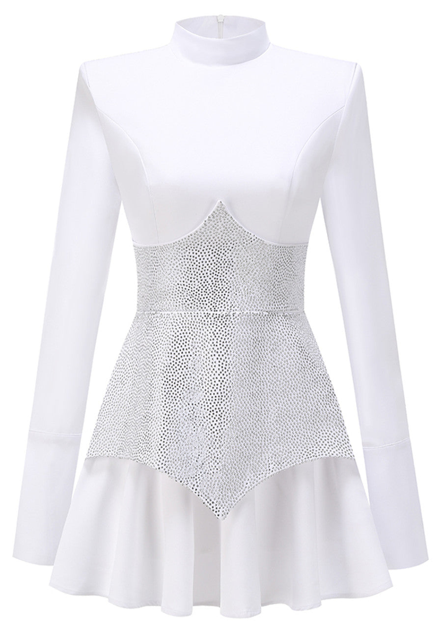Long Sleeve Sparkly Corset A Line Dress White HV1384