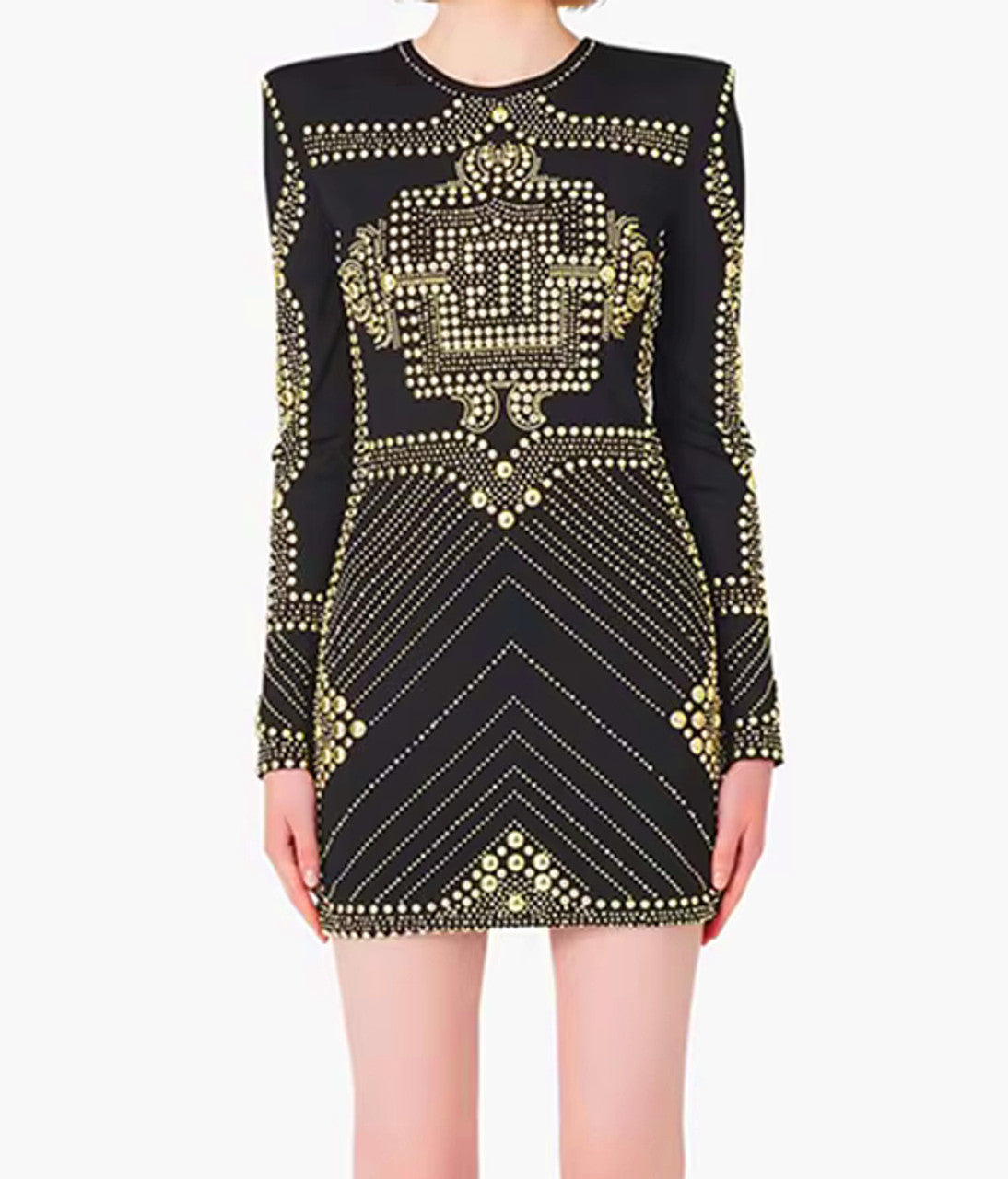 Long Sleeve Studded Dress Black Gold