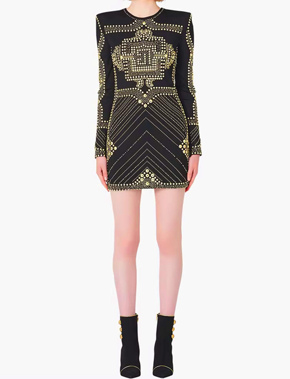 Long Sleeve Studded Dress Black Gold