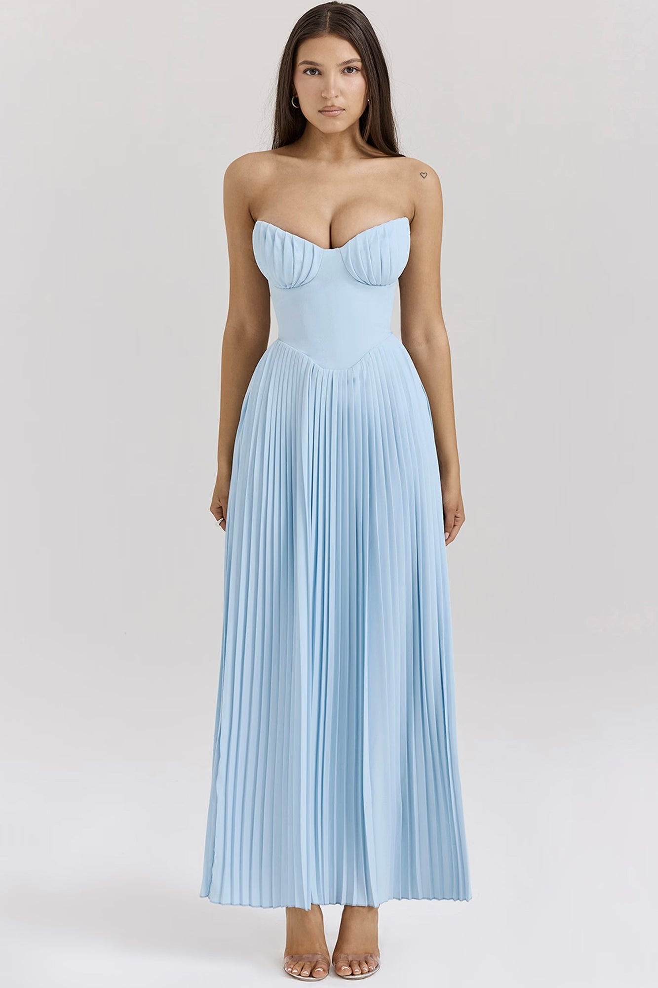 Strapless Bustier Pleated A Line Maxi Dress Blue