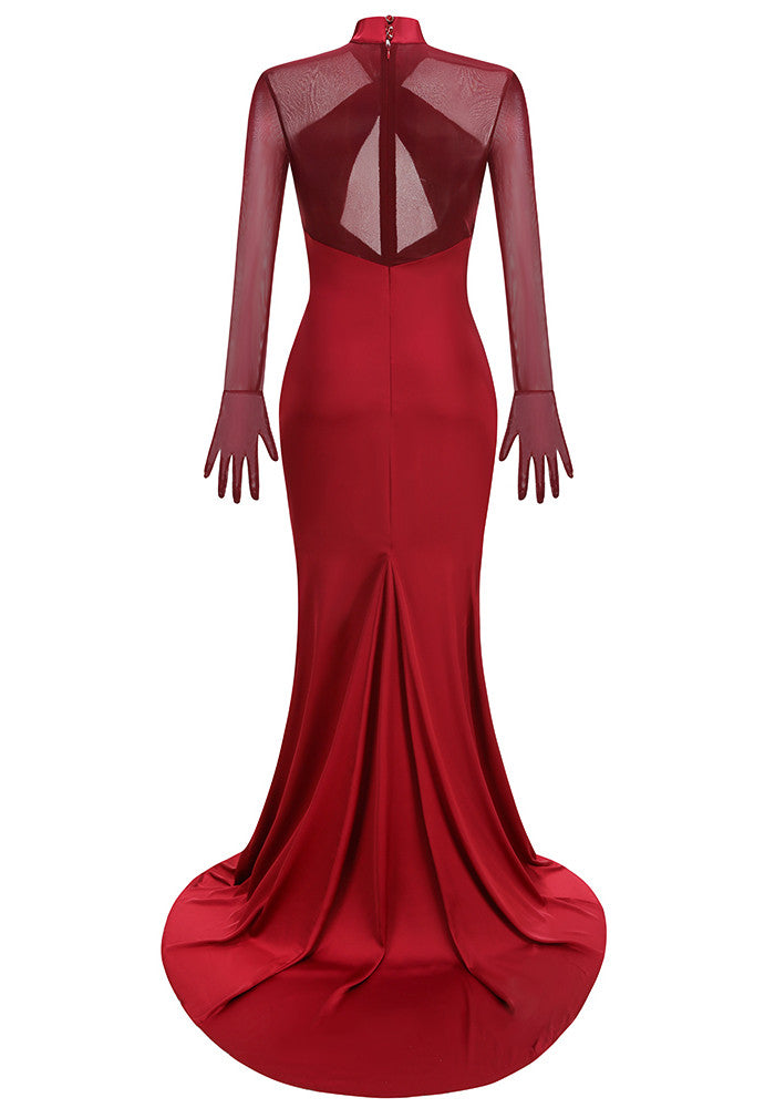 Mesh Glove Sleeves Draped Maxi Dress Red HV2958