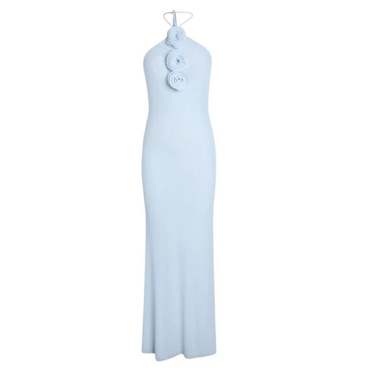 Halter Flower Detail Maxi Dress Light Blue