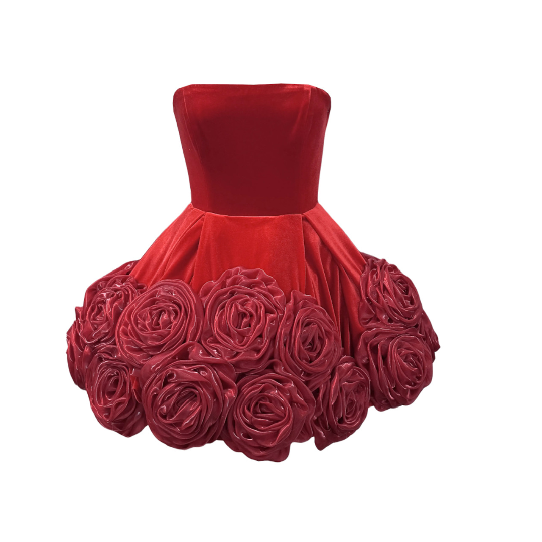 Strapless Floral A Line Velvet Dress Red