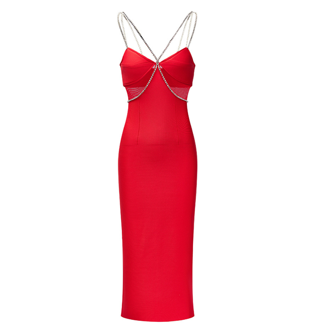 Crystal Straps Midi Dress Red HV2186
