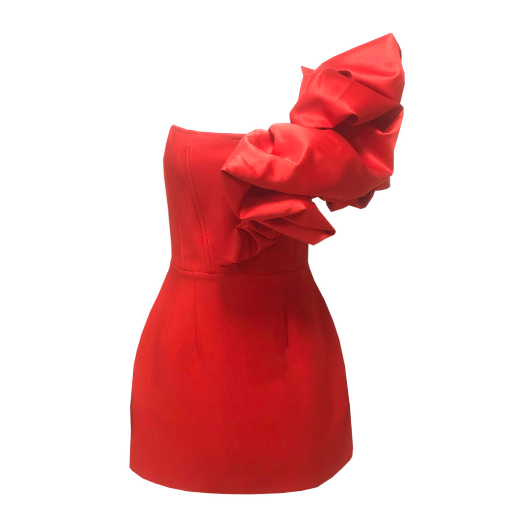 Puff One Shoulder A Line Dress Red