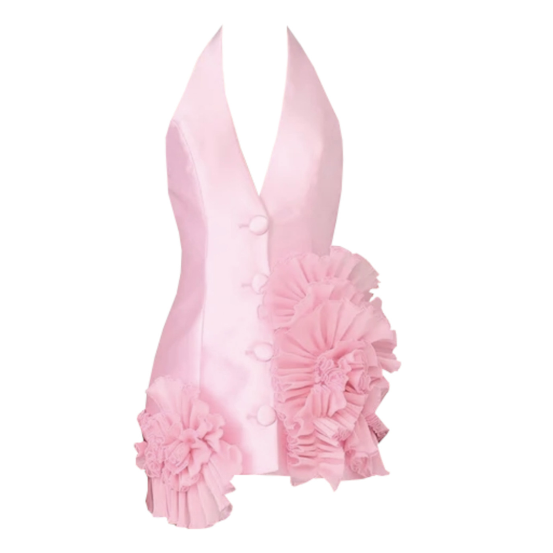 Halter Floral Ruffle Detail Dress Pink HV2188