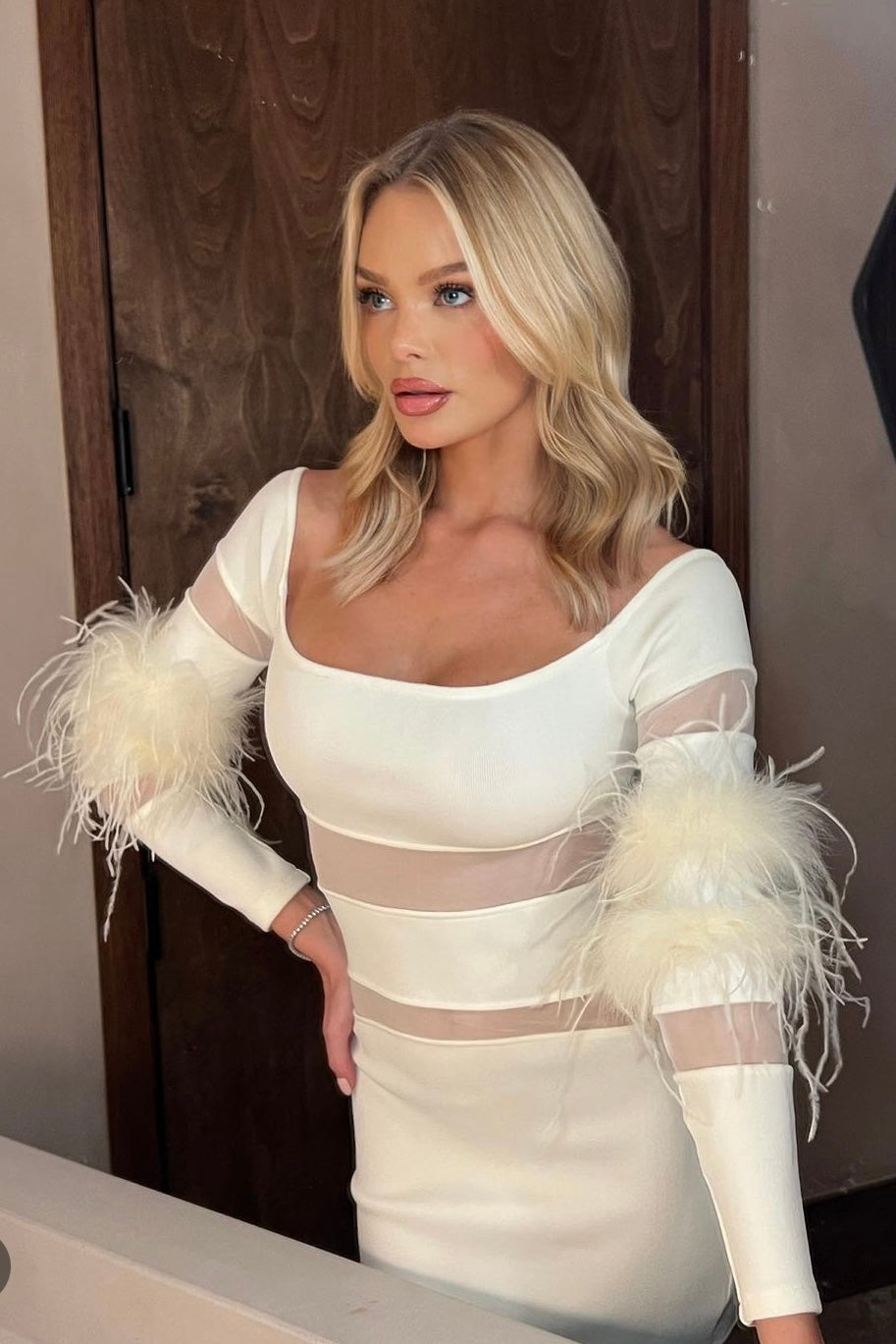 Feather Long Sleeve Off Shoulder Midi Dres HV9566