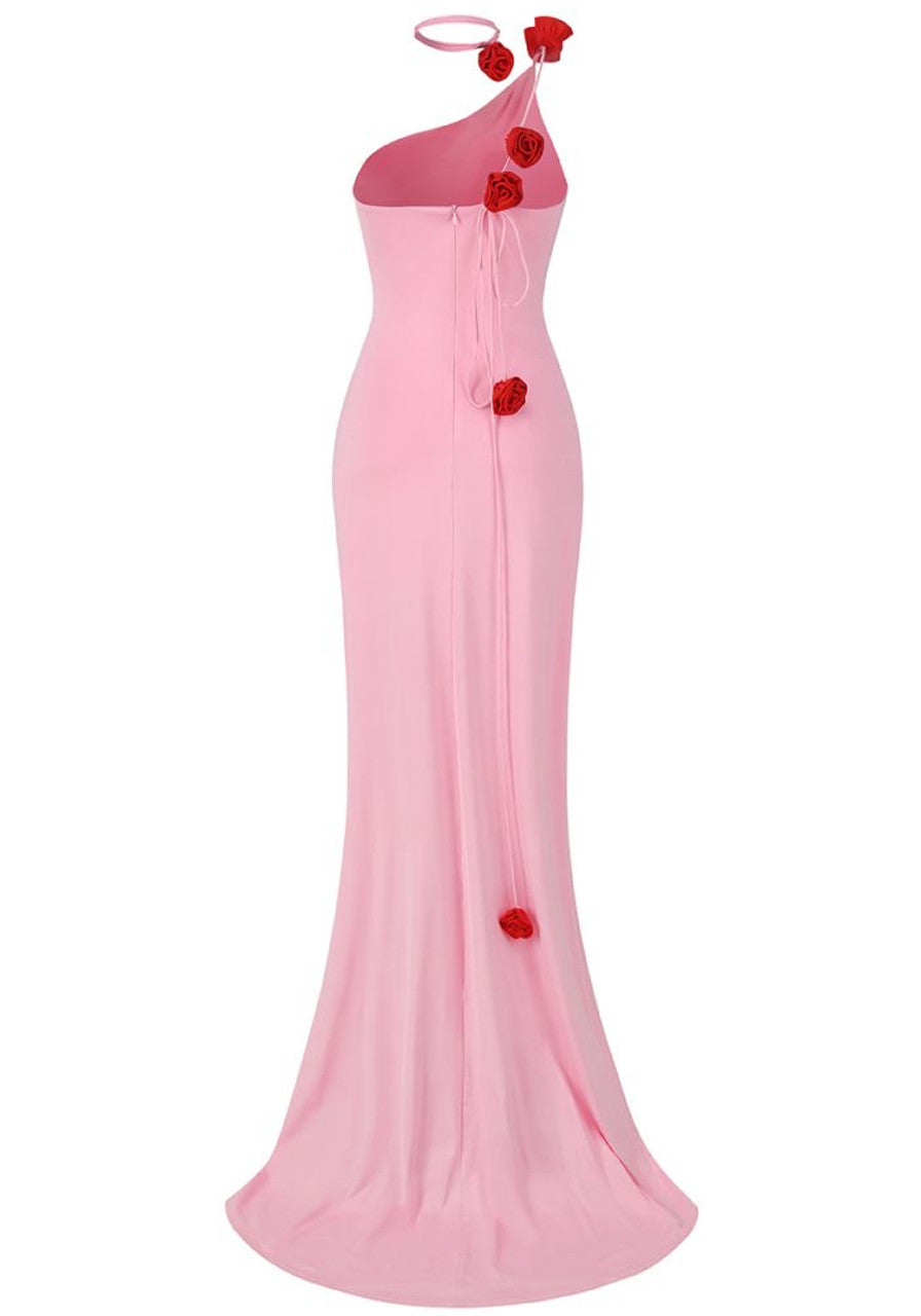 One Shoulder Floral Detail Maxi Dress Pink