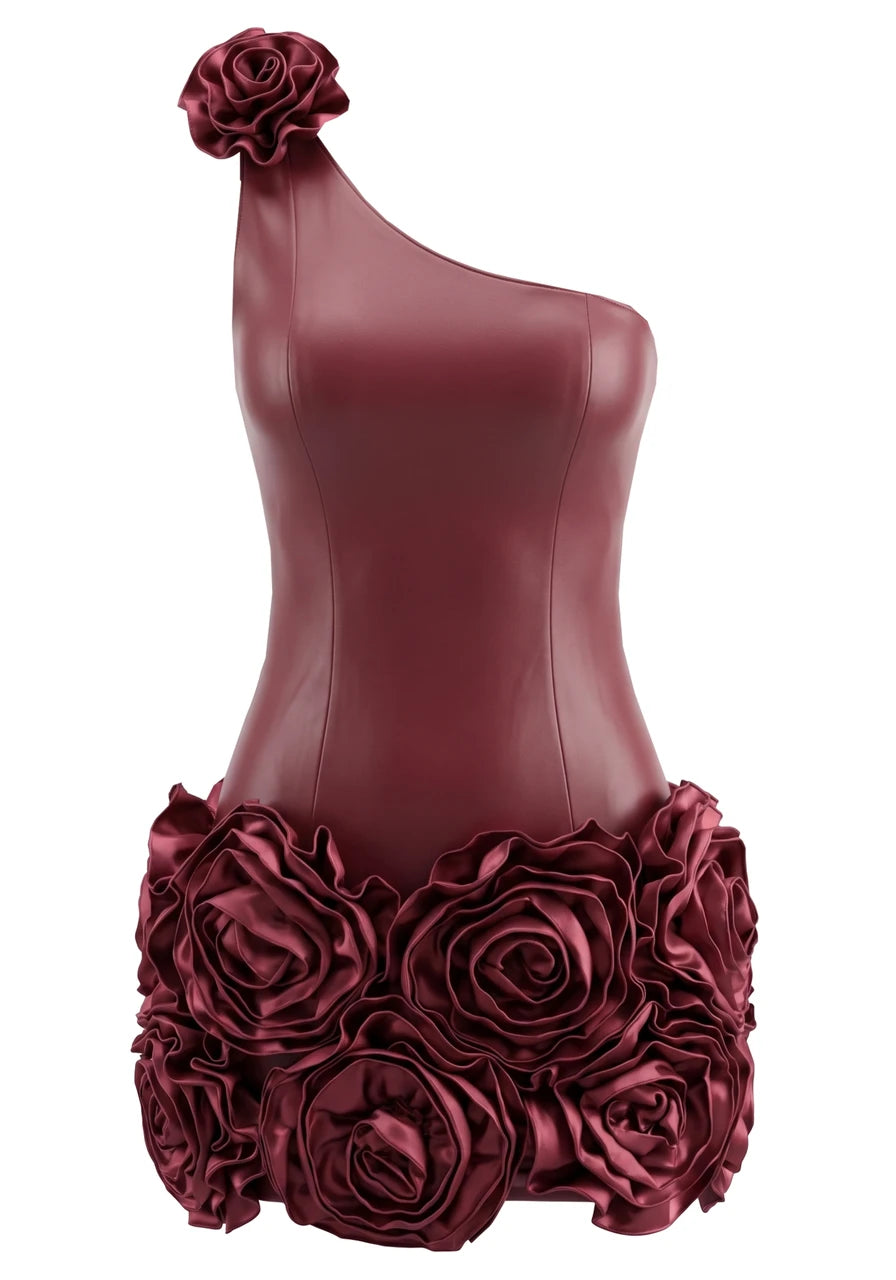 One Shoulder Floral Dress Burgundy HV3209