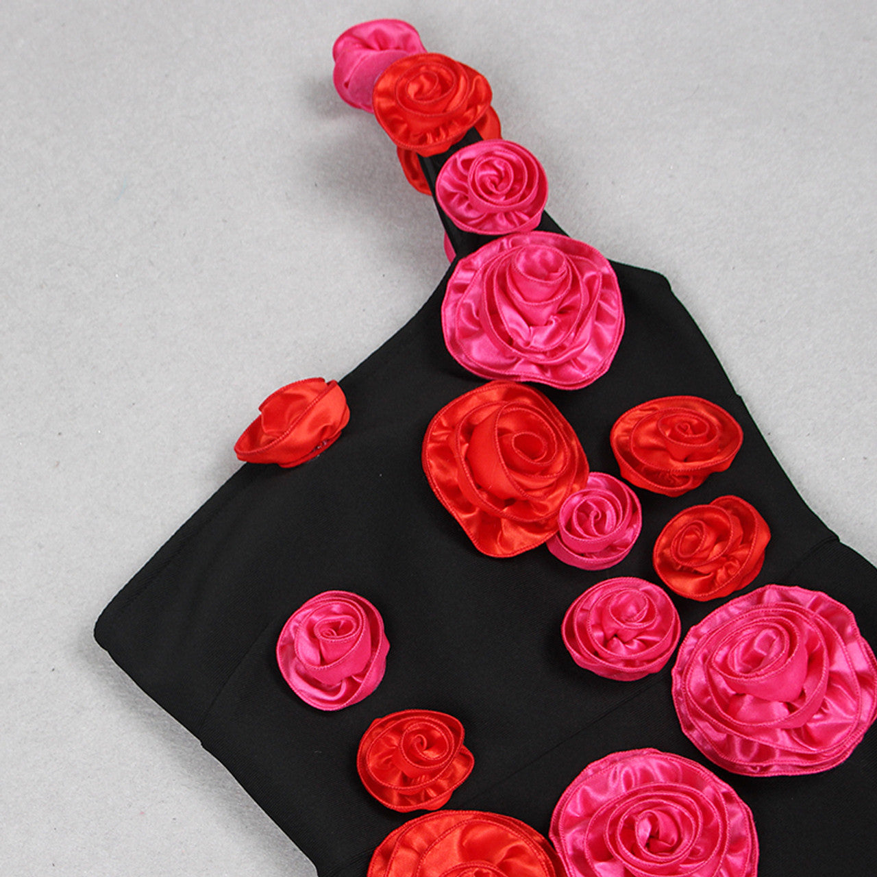 One Shoulder Rose Detail Midi Dress Black HV1094