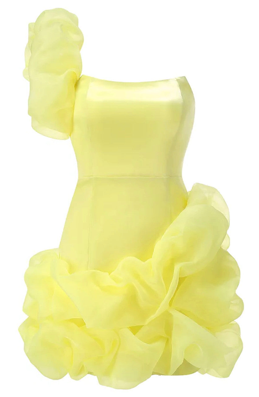 One Shoulder Puff Dress Yellow