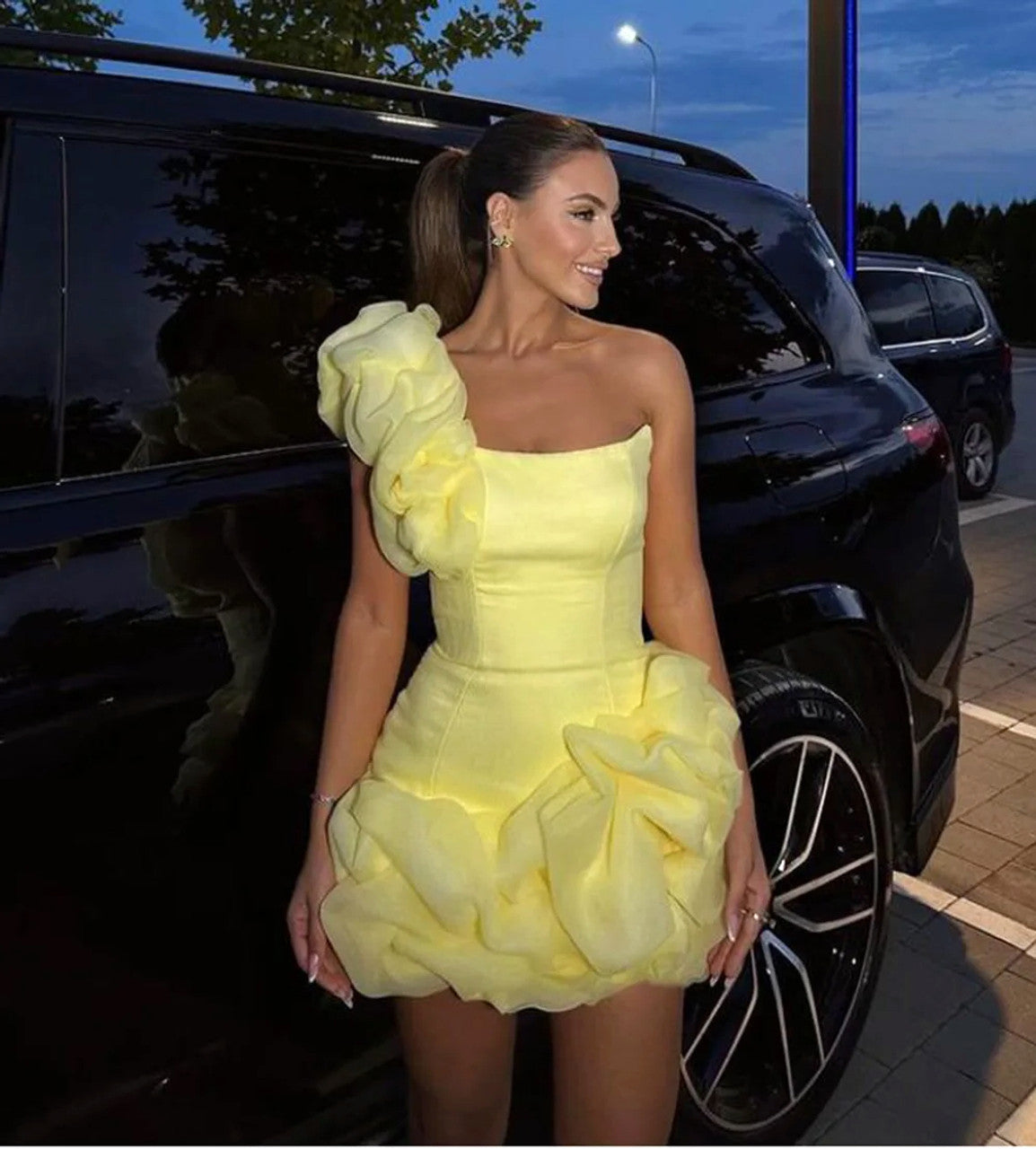 One Shoulder Puff Dress Yellow