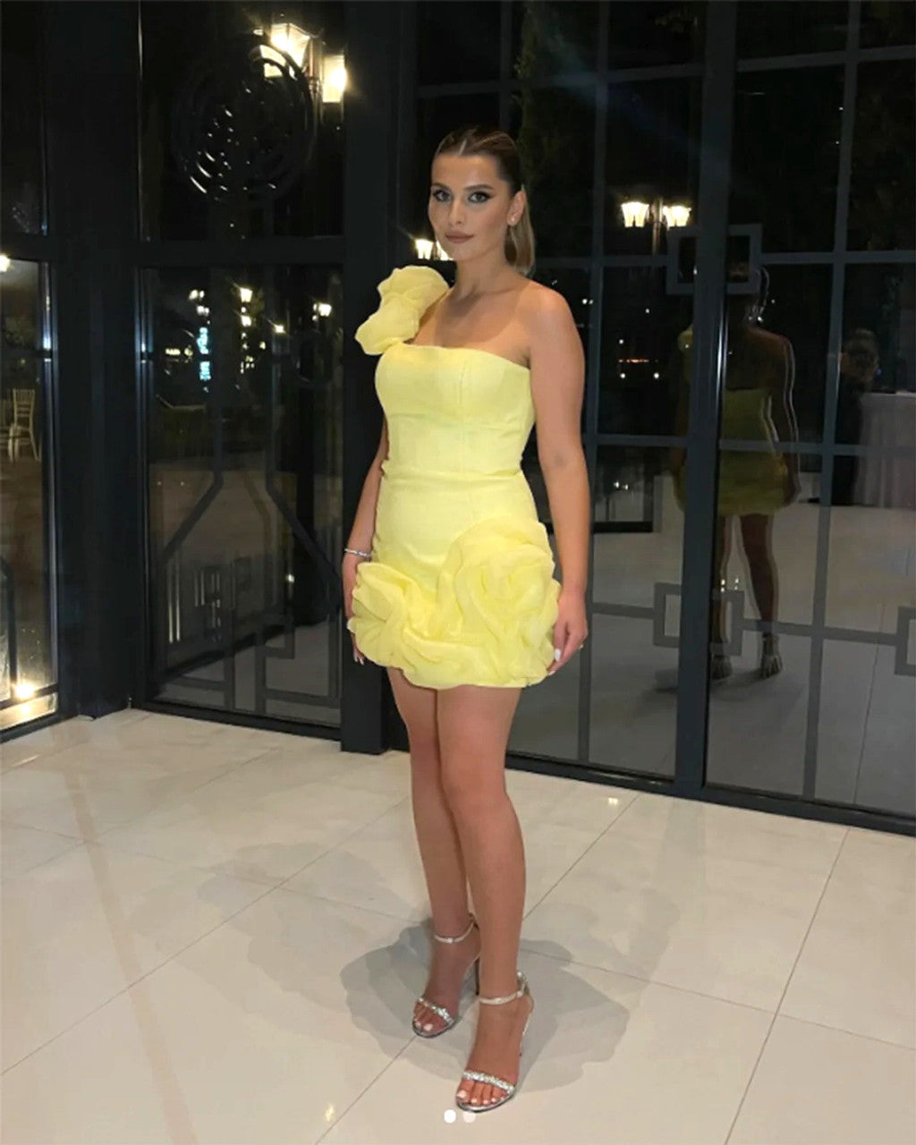 One Shoulder Puff Dress Yellow