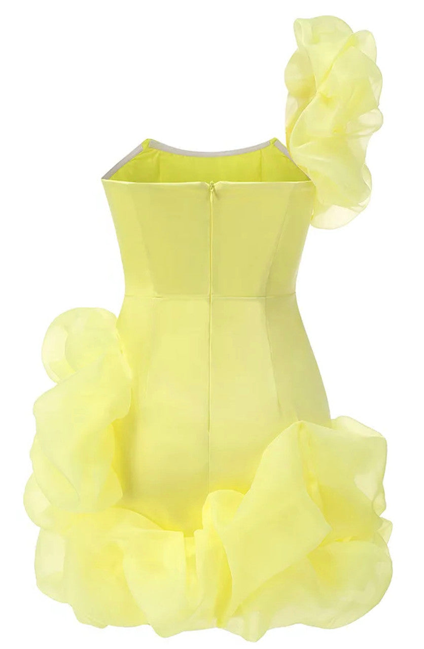 One Shoulder Puff Dress Yellow
