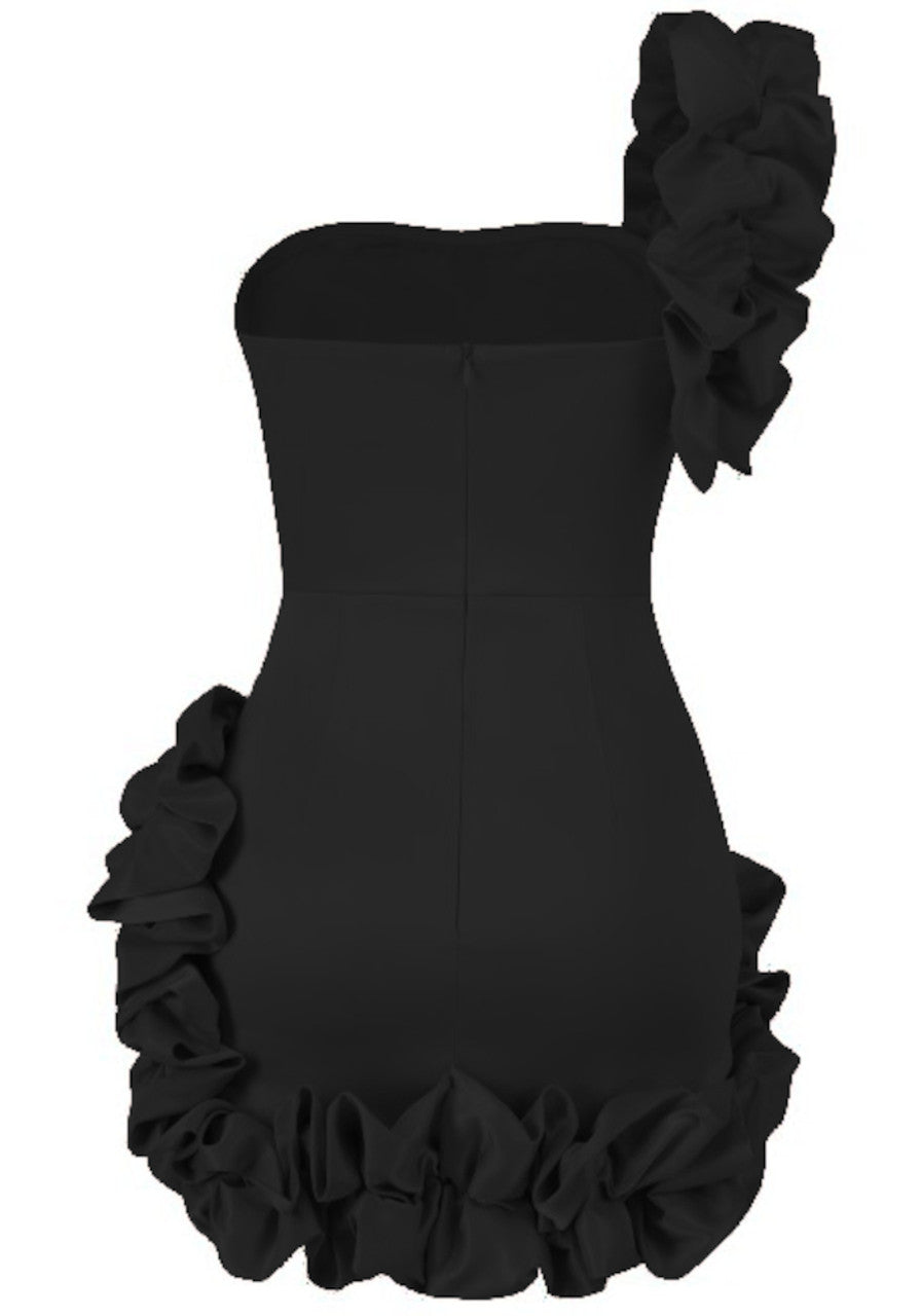 One Shoulder Puff Silk Dress Black