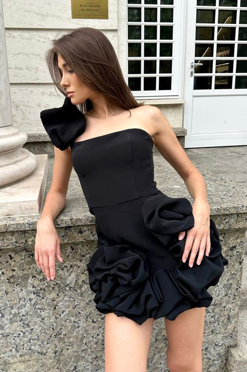 One Shoulder Puff Silk Dress Black