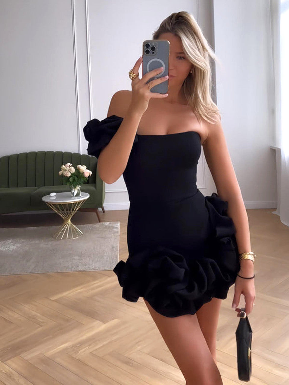 One Shoulder Puff Silk Dress Black