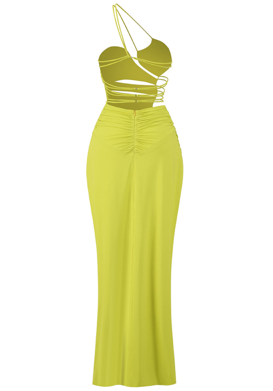 One Shoulder Draped Strappy Maxi Dress Chartreuse