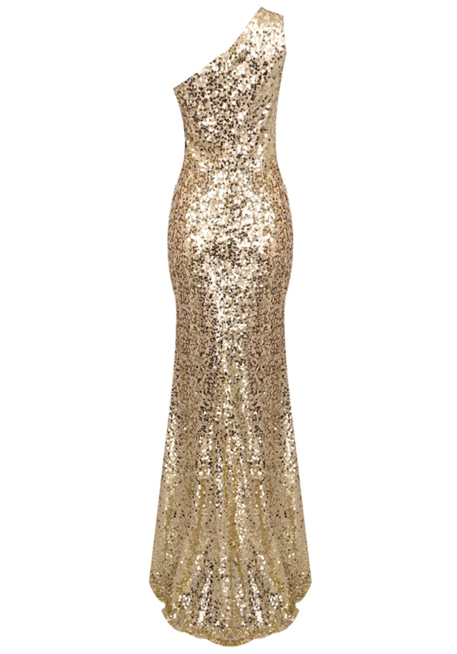 One Shoulder Sequin Maxi Dress Gold Green