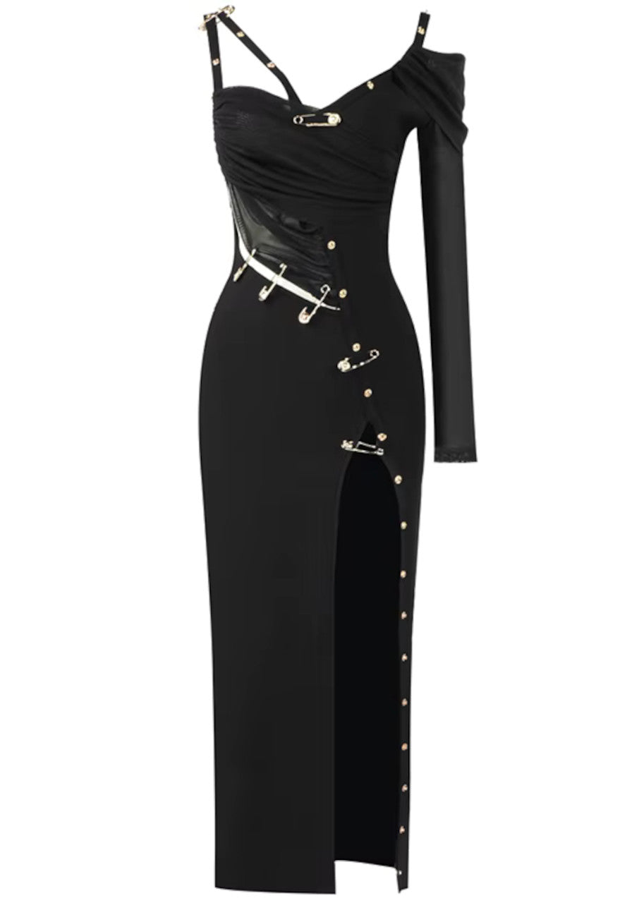One Sleeve Safety Pin Detail Maxi Dress Black