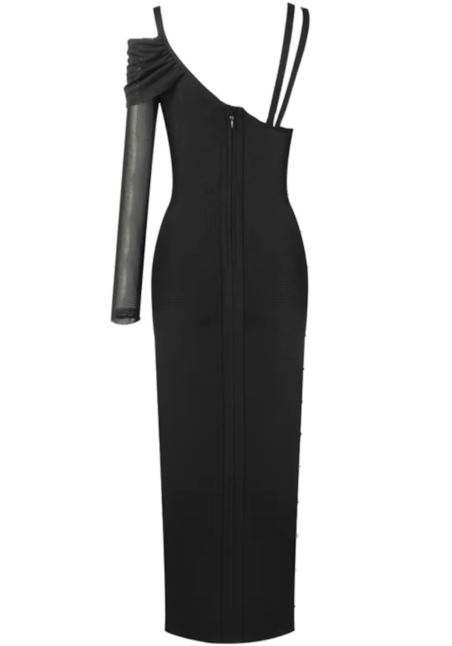 One Sleeve Safety Pin Detail Maxi Dress Black