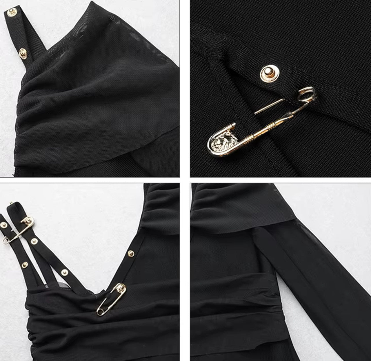 One Sleeve Safety Pin Detail Maxi Dress Black