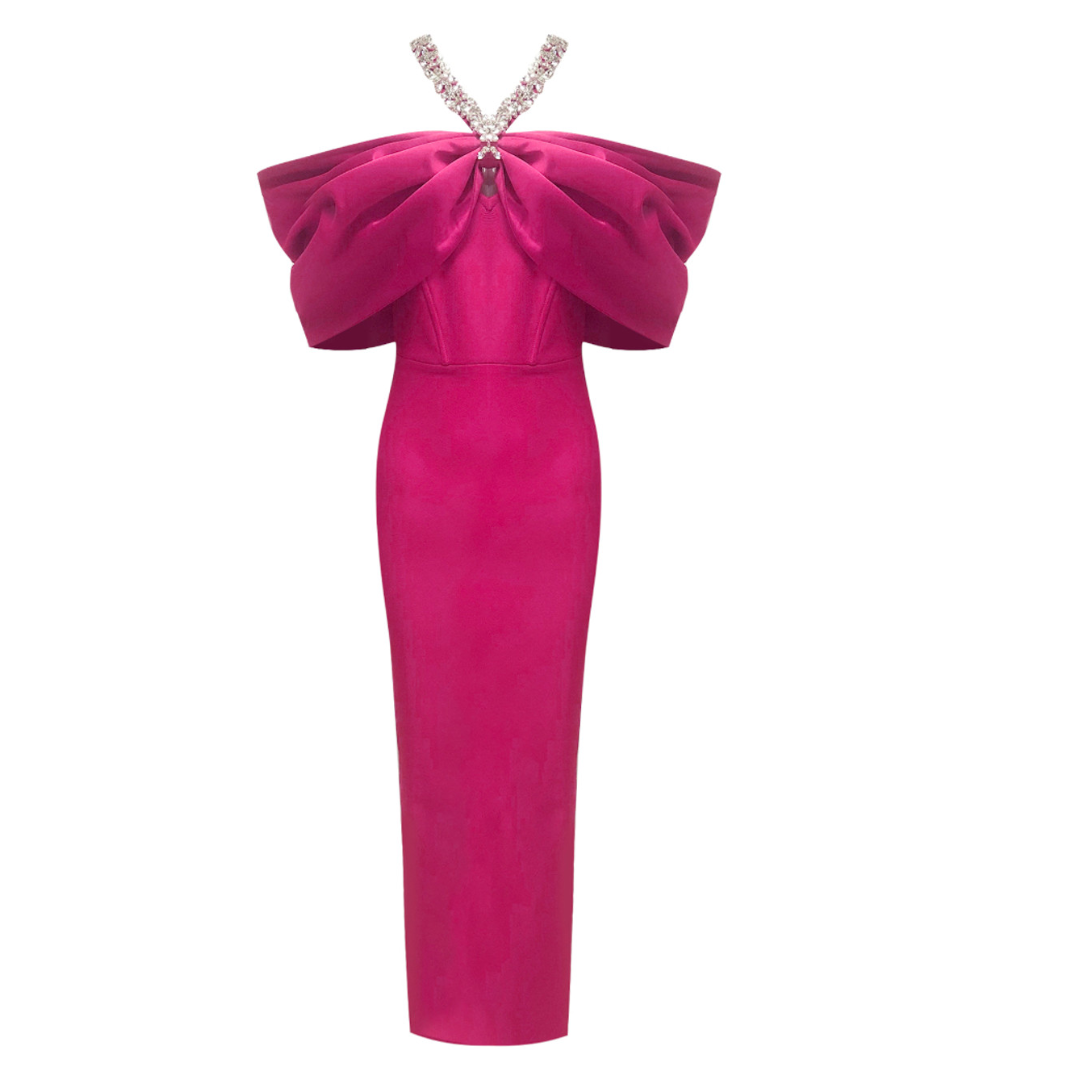 Halter Crystal Draped Bardot Maxi Dress