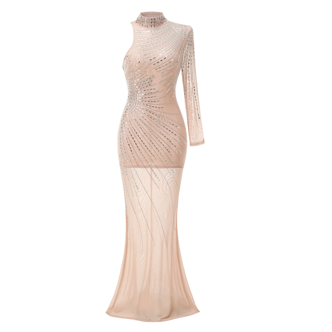 One Sleeve Embellished Mesh Maxi Dress Nude HV2100