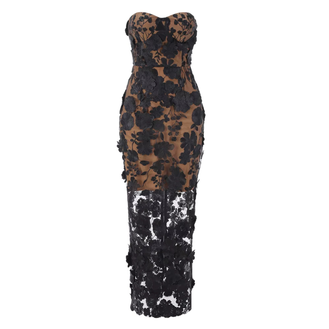Strapless Floral Embroidered Maxi Dress Black HV2101