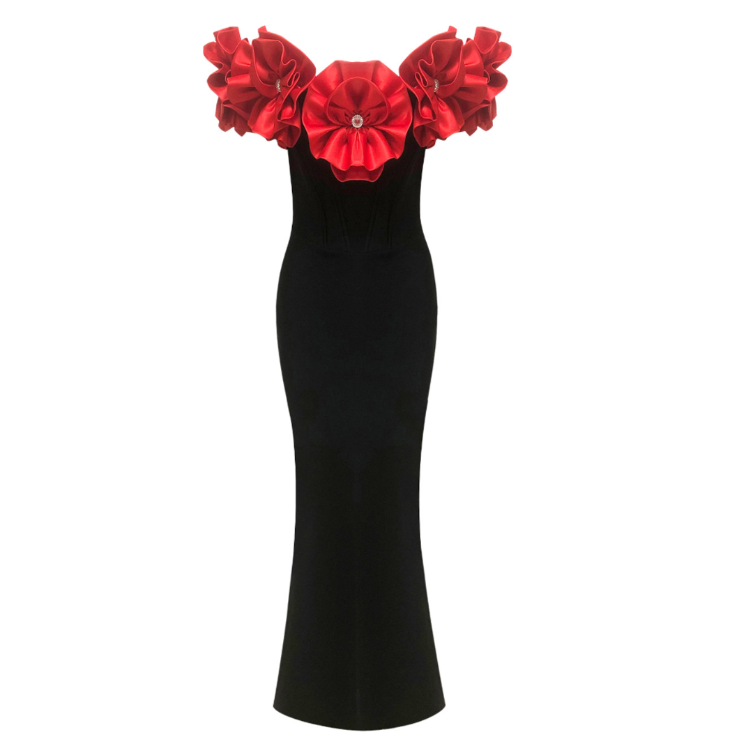 Floral Bardot Maxi Dress Red Black