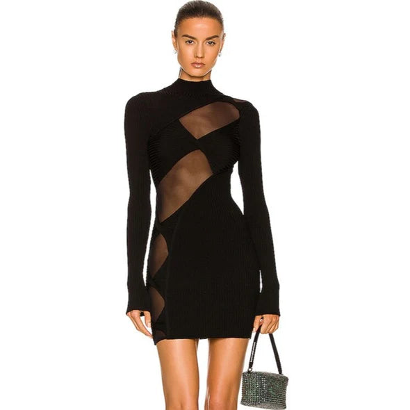 Long Sleeve Mesh Insert Ribbed Dress Black