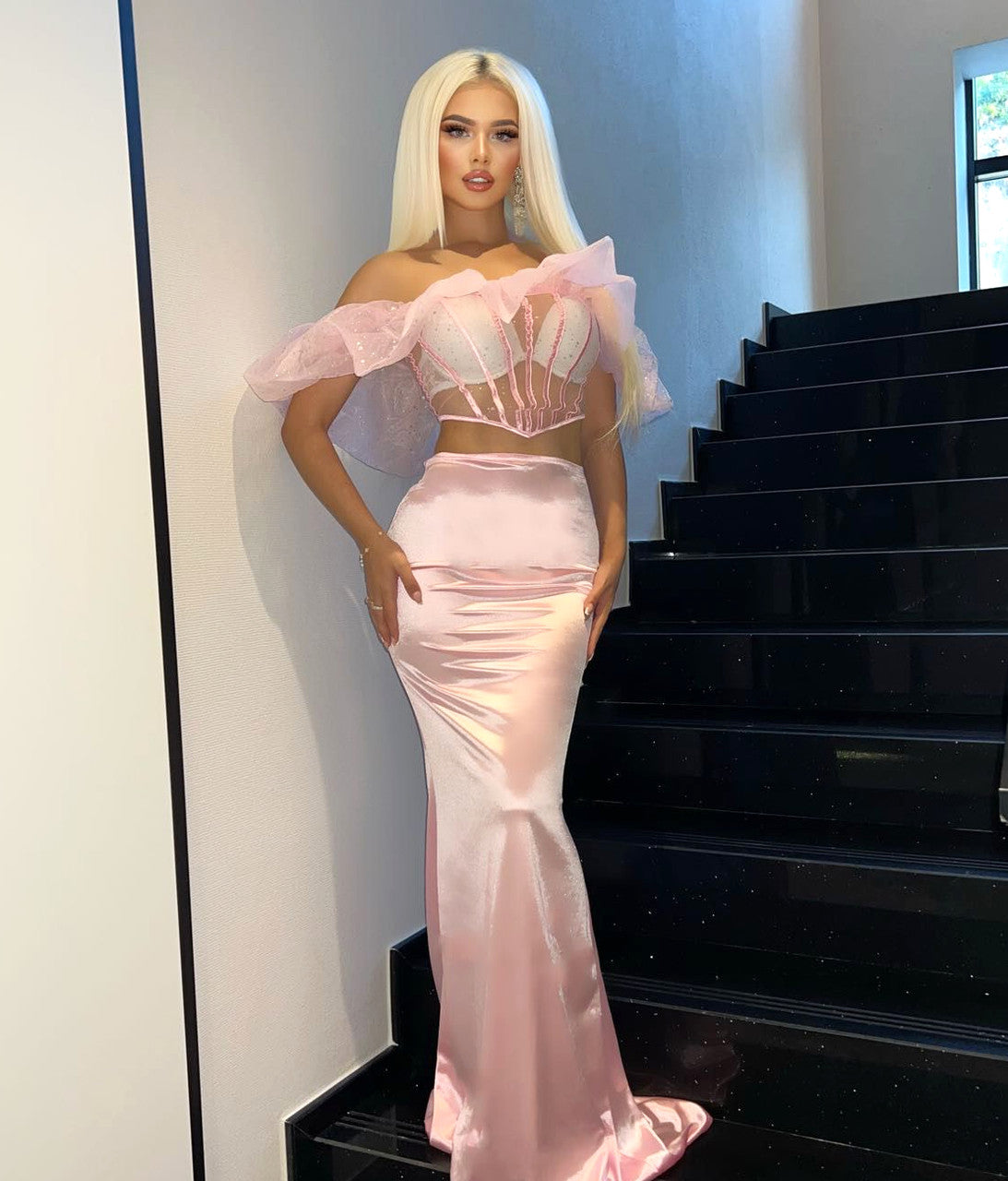 Ruffle Bardot Corset Two Piece Maxi Dress Pink