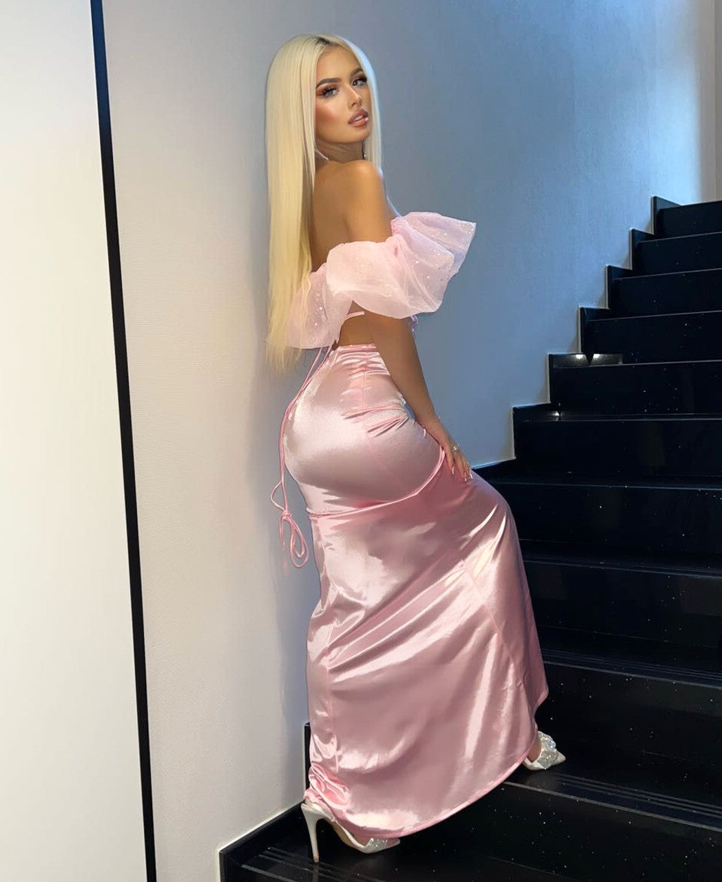 Ruffle Bardot Corset Two Piece Maxi Dress Pink