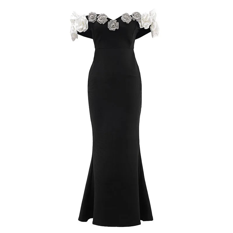 Floral Bardot Maxi Dress Black White HV1469
