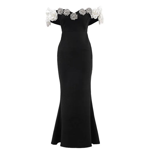 Floral Bardot Maxi Dress Black White HV1469