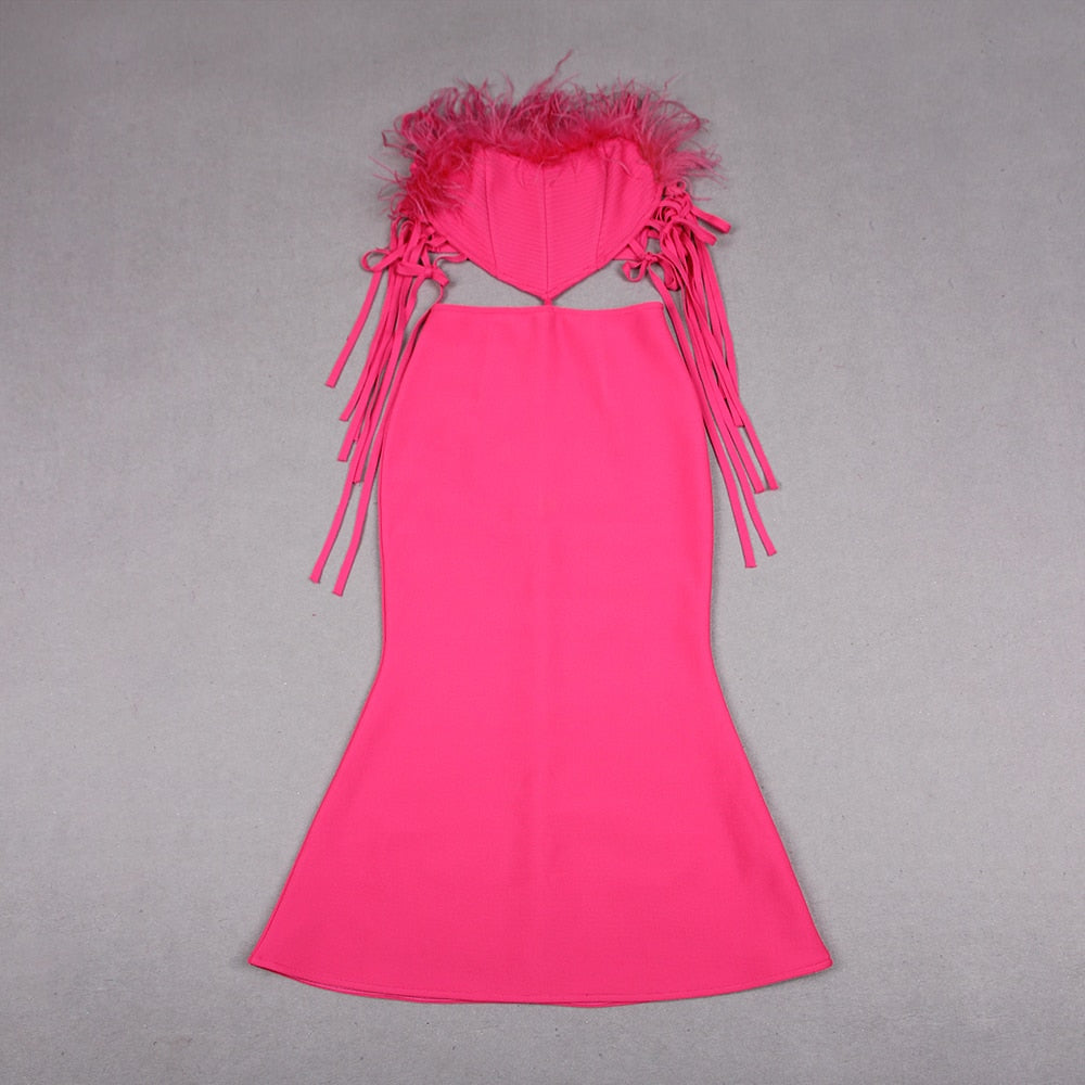Feather Ribbed Mermaid Midi Dress Hot Pink HV9273