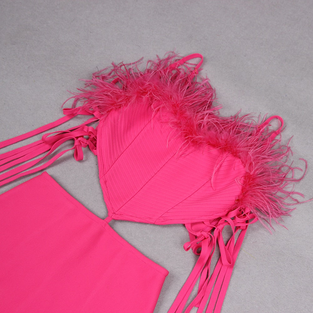 Feather Ribbed Mermaid Midi Dress Hot Pink HV9273